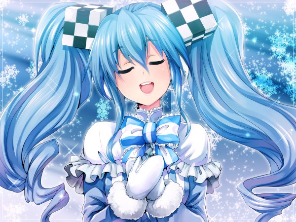 Anime picture 1200x900 with vocaloid hatsune miku yuki miku ism (inc) long hair open mouth twintails blue hair eyes closed girl dress hair ornament headphones bowtie snowflake (snowflakes) mittens cube cube hair ornament