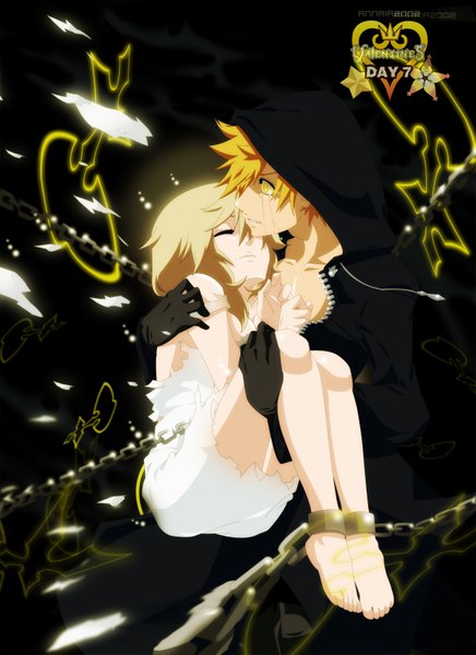 Anime picture 1200x1650 with kingdom hearts square enix roxas namine annria2002 long hair tall image short hair blonde hair yellow eyes eyes closed tears torn clothes girl dress boy gloves white dress hood chain