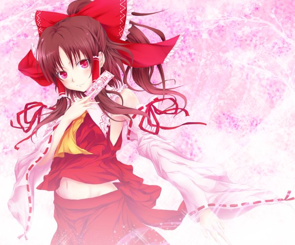 Anime picture 1294x1078 with touhou hakurei reimu reg (artist) single long hair blush brown hair traditional clothes japanese clothes pink eyes half updo miko girl navel bow ribbon (ribbons) hair bow detached sleeves hair tubes ofuda