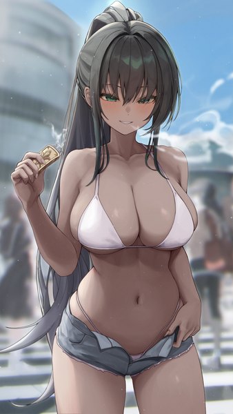 Anime picture 2813x5000 with original gwan-e long hair tall image looking at viewer fringe highres breasts light erotic black hair smile hair between eyes large breasts standing holding green eyes sky parted lips blurry depth of field