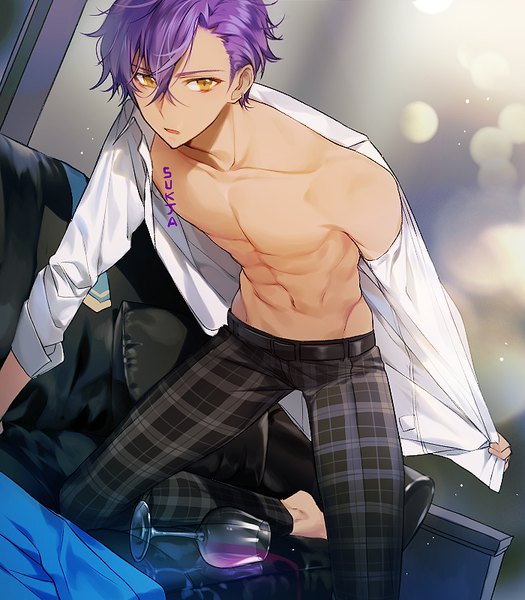 Anime picture 700x800 with ensemble stars! otogari adonis sorolp single tall image looking at viewer fringe short hair open mouth hair between eyes purple hair indoors orange eyes open shirt piercing ear piercing undressing muscle boy earrings