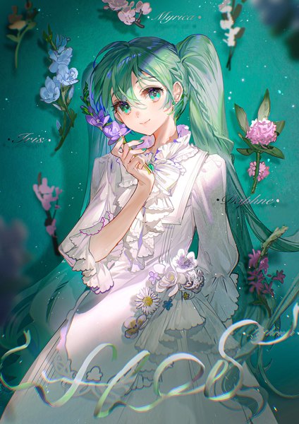 Anime picture 2480x3508 with vocaloid hatsune miku rumoon single long hair tall image looking at viewer fringe highres smile hair between eyes twintails nail polish aqua eyes green hair aqua nail polish girl dress flower (flowers) earrings