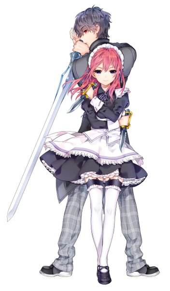 Anime picture 706x1202 with original kaguyuzu long hair tall image looking at viewer short hair black hair simple background red eyes white background purple eyes holding red hair looking back maid back to back plaid girl thighhighs dress
