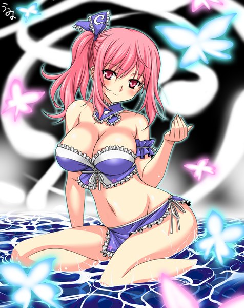 Anime picture 1407x1775 with touhou saigyouji yuyuko lkakeu (artist) single tall image blush short hair breasts light erotic large breasts pink hair pink eyes side ponytail girl navel swimsuit insect butterfly