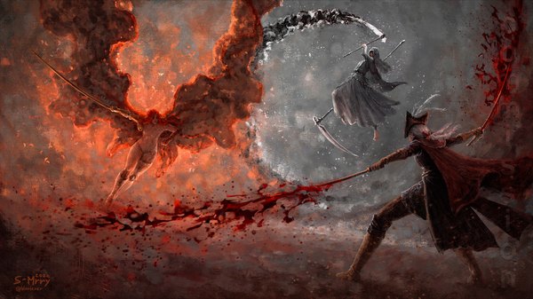 Anime picture 2300x1292 with elden ring bloodborne dark souls (series) dark souls from software malenia blade of miquella malenia goddess of rot lady maria of the astral clocktower sister friede bloodexer long hair highres wide image multiple girls holding signed silver hair full body red hair dual wielding