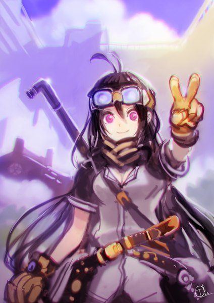 Anime picture 2480x3508 with original okuto single long hair tall image looking at viewer fringe highres black hair smile hair between eyes standing signed sky cloud (clouds) ahoge outdoors pink eyes short sleeves victory