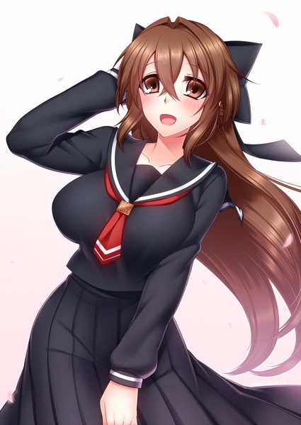 Anime picture 1253x1770 with konshin single long hair tall image blush breasts open mouth smile brown hair large breasts brown eyes girl uniform bow hair bow serafuku necktie