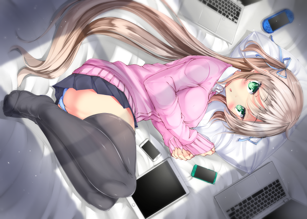 Anime picture 840x600 with original ipod apple inc. mokufuu single long hair looking at viewer blush fringe light erotic blonde hair hair between eyes twintails green eyes payot full body bent knee (knees) lying parted lips pleated skirt