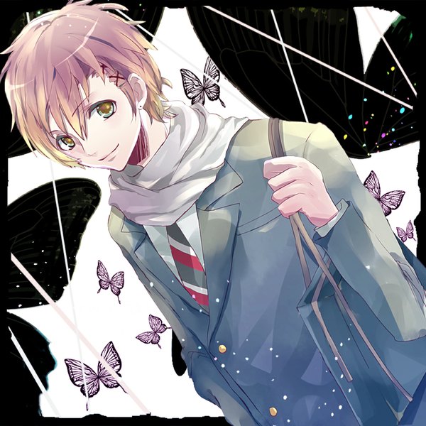 Anime picture 1100x1100 with zetsuen no tempest studio bones takigawa yoshino alicetype single looking at viewer short hair smile brown hair light smile piercing multicolored eyes boy uniform hair ornament school uniform necktie hairclip scarf insect