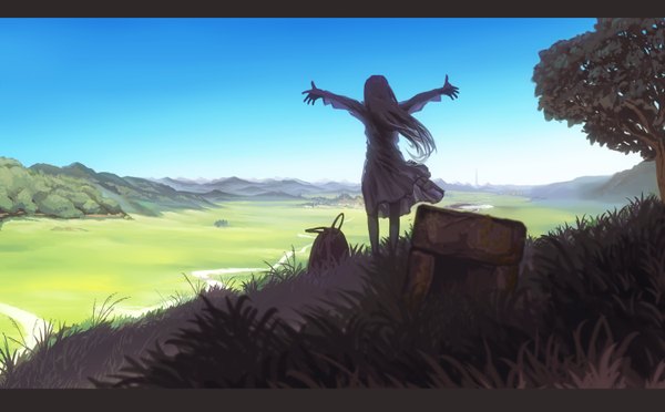 Anime-Bild 1500x930 mit akio-bako (artist) single long hair wide image standing from behind back mountain girl plant (plants) tree (trees) grass road suitcase