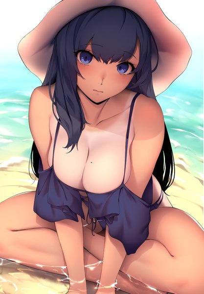Anime picture 2848x4096 with original ryuji (ikeriu) single long hair tall image looking at viewer blush fringe highres breasts blue eyes light erotic black hair large breasts sitting cleavage bent knee (knees) outdoors head tilt mole