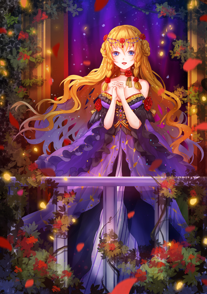 Anime picture 654x928 with original vetina single long hair tall image looking at viewer open mouth blue eyes braid (braids) orange hair girl dress hair ornament plant (plants) petals