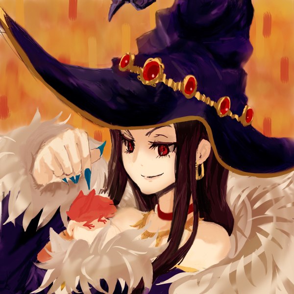 Anime picture 1200x1200 with conjaku single long hair simple background smile red eyes brown hair fingernails orange eyes long fingernails witch girl fur witch hat