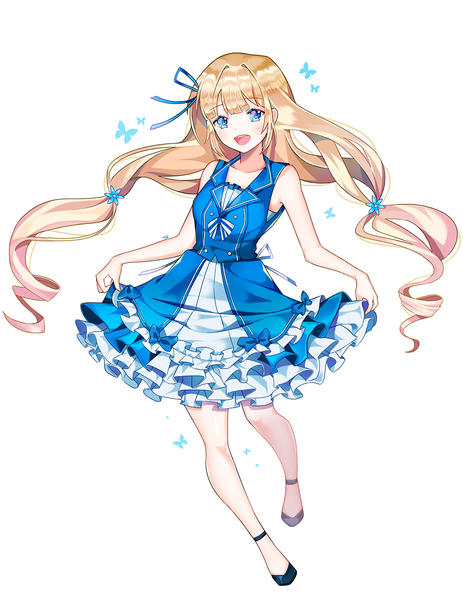 Anime-Bild 1000x1294 mit original ggomddak single long hair tall image looking at viewer fringe open mouth blue eyes simple background blonde hair white background twintails full body :d sleeveless low twintails frilled dress girl dress