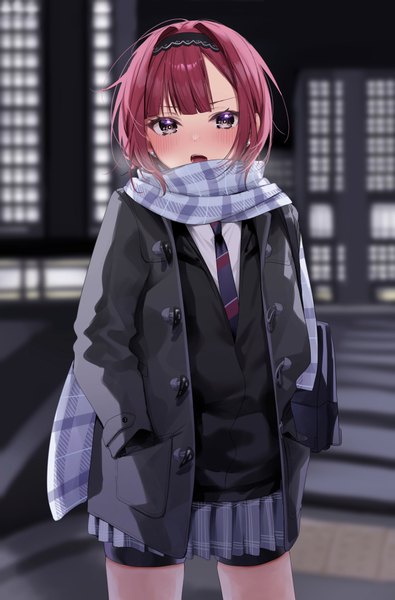 Anime picture 633x962 with shino to ren shirayuki ren chigusa minori single tall image looking at viewer blush fringe short hair open mouth standing outdoors red hair blunt bangs :d pleated skirt blurry night open clothes grey eyes