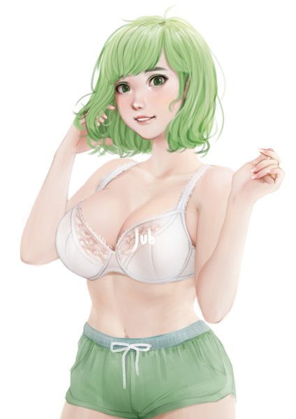 Anime-Bild 1920x2716 mit original momo (jubi) jubi (regiana) single tall image looking at viewer fringe highres short hair breasts light erotic smile white background green eyes signed cleavage upper body parted lips fingernails green hair