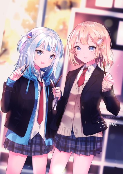 Anime picture 1202x1700 with virtual youtuber hololive hololive english gawr gura watson amelia beryl (blueberylpie) long hair tall image short hair open mouth blue eyes blonde hair multiple girls signed silver hair :d pleated skirt multicolored hair two-tone hair two side up