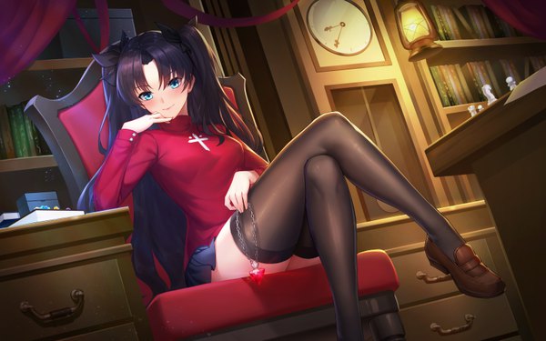 Anime picture 6400x4000 with fate (series) fate/stay night toosaka rin sramy single long hair looking at viewer blush highres blue eyes black hair sitting holding absurdres indoors two side up dutch angle crossed legs hand to mouth girl