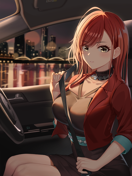 Anime picture 1000x1333 with idolmaster idolmaster shiny colors arisugawa natsuha asato mai single long hair tall image looking at viewer blush fringe breasts large breasts sitting yellow eyes ahoge parted lips orange hair night open jacket city