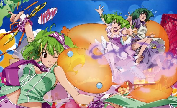 Anime picture 5922x3639 with macross macross frontier ranka lee highres short hair open mouth red eyes wide image twintails absurdres one eye closed barefoot green hair wink :p girl dress tongue
