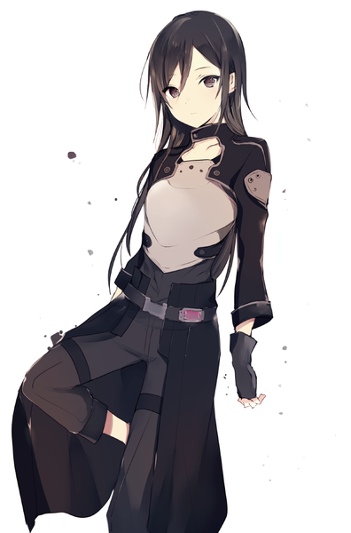 Anime picture 605x917 with sword art online a-1 pictures kirigaya kazuto lpip single long hair tall image looking at viewer fringe black hair simple background hair between eyes standing white background payot bent knee (knees) head tilt black eyes open clothes standing on one leg