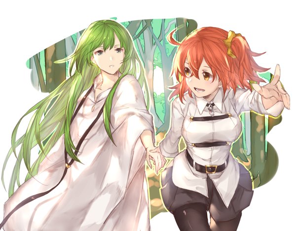Anime picture 1150x900 with fate (series) fate/grand order fujimaru ritsuka (female) enkidu (fate) mirei kh13 long hair fringe short hair breasts open mouth smile hair between eyes white background yellow eyes ahoge parted lips pleated skirt looking back green hair orange hair