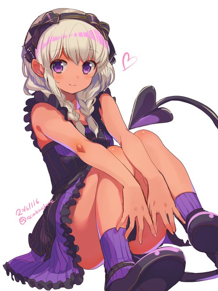 Anime picture 1200x1600 with original konbu wakame single long hair tall image blush light erotic simple background white background purple eyes signed bent knee (knees) white hair tail braid (braids) light smile twin braids dated demon tail convenient leg