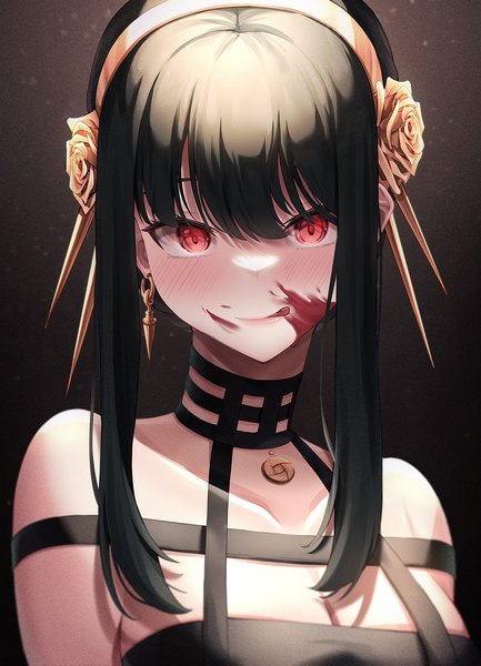 Anime picture 1290x1787 with spy x family yor briar lancheu single long hair tall image looking at viewer blush fringe breasts black hair simple background smile hair between eyes red eyes large breasts bare shoulders cleavage upper body hair flower