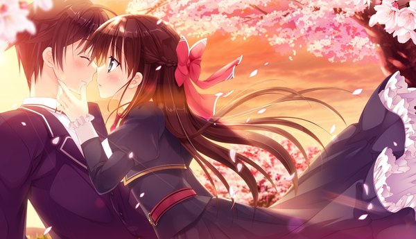 Anime picture 1320x760 with primal x hearts kuragano sera long hair blush short hair blue eyes black hair wide image game cg eyes closed profile couple cherry blossoms almost kiss girl boy uniform bow plant (plants) hair bow