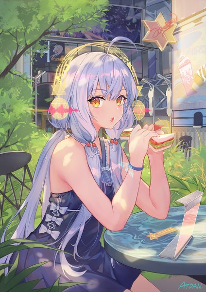 Anime picture 904x1280 with vocaloid xingchen atdan single long hair tall image looking at viewer blush fringe open mouth hair between eyes sitting twintails holding signed yellow eyes payot purple hair ahoge outdoors