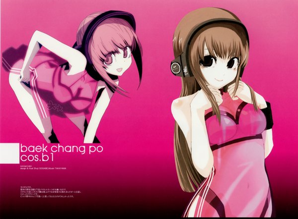 Anime picture 3072x2265 with senko no ronde highres pink background headphones tagme
