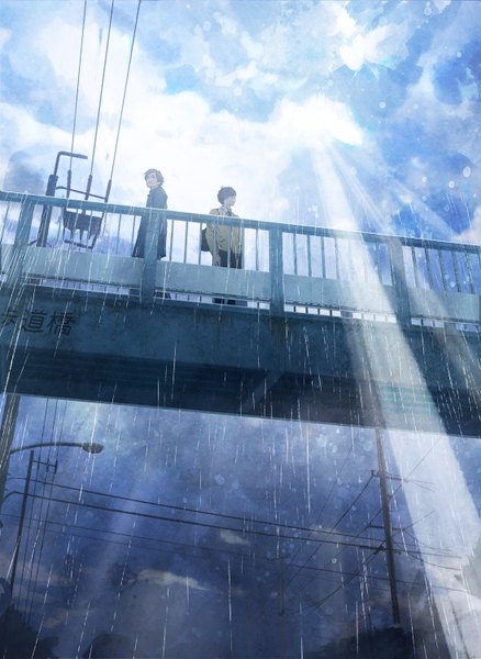 Anime picture 1095x1500 with original yukihiro nakamura tall image looking at viewer short hair brown hair brown eyes looking away sky cloud (clouds) profile sunlight multiple boys from below rain sunbeam boy uniform school uniform 2 boys