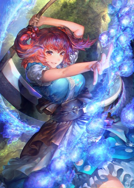 Anime picture 875x1225 with touhou onozuka komachi ant of spirit single tall image fringe short hair breasts smile red eyes large breasts holding looking away red hair parted lips two side up outstretched arm magic arm behind head girl