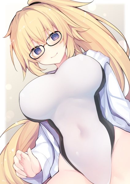 Anime picture 744x1052 with fate (series) fate/grand order jeanne d'arc (fate) (all) jeanne d'arc (swimsuit archer) miko (royal milk) single tall image looking at viewer blush fringe breasts blue eyes light erotic simple background blonde hair smile hair between eyes large breasts standing ponytail