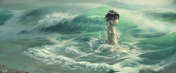 Anime picture 1800x750 with original cacao choco mame single fringe highres short hair light erotic black hair hair between eyes wide image sitting bare shoulders green eyes signed full body looking back from above light smile nude wind