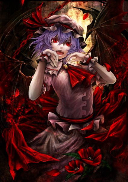 Anime picture 2000x2829 with touhou remilia scarlet kazabana fuuka single tall image highres short hair open mouth red eyes purple hair girl dress flower (flowers) wings chain bonnet