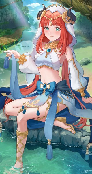 Anime picture 1118x2100 with genshin impact nilou (genshin impact) pericokitajima single long hair tall image looking at viewer blush fringe breasts open mouth smile sitting twintails outdoors red hair blunt bangs long sleeves :d horn (horns)