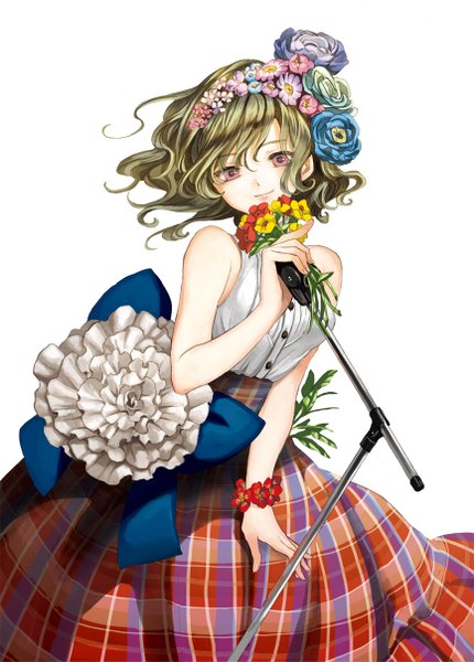 Anime picture 866x1209 with touhou kazami yuuka sugi (artist) single tall image looking at viewer blush short hair simple background smile white background purple eyes bare shoulders hair flower green hair wind alternate costume plaid skirt wavy hair girl