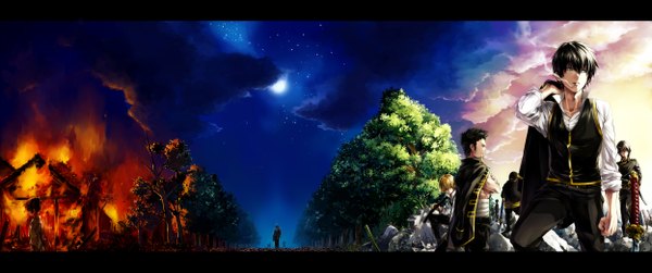 Anime picture 2494x1046 with gintama sunrise (studio) hijikata toshiro okita sougo kondo isao yamazaki sagaru c (pixiv 4081634) long hair highres short hair blue eyes black hair blonde hair red eyes wide image standing sitting sky cloud (clouds) ponytail