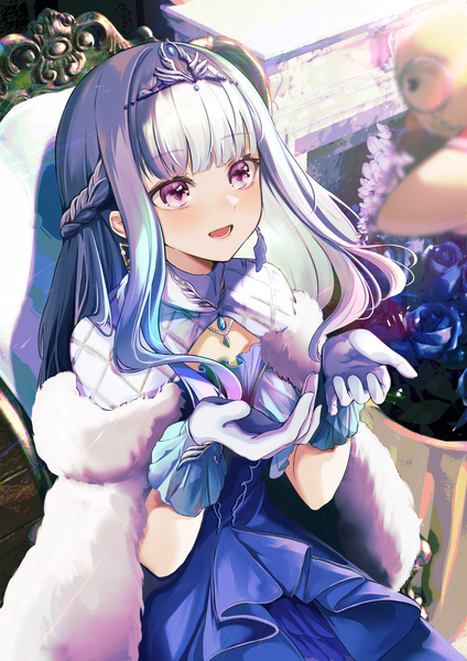 Anime picture 3096x4385 with virtual youtuber nijisanji lize helesta sebastian piyodore lize helesta (3rd costume) mika uni single long hair tall image fringe highres open mouth sitting purple eyes absurdres silver hair blunt bangs :d official alternate costume looking up