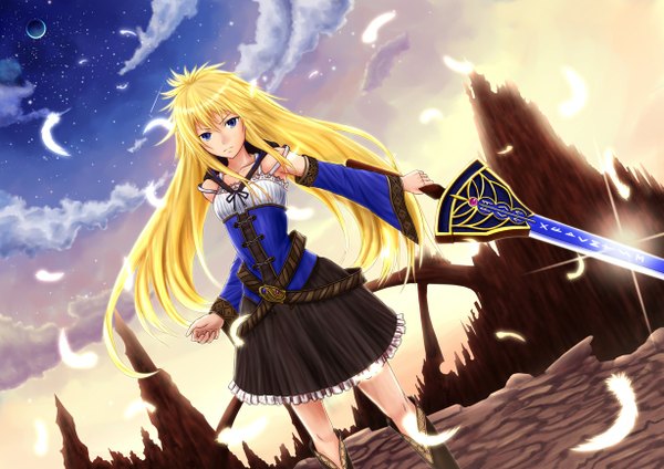 Anime picture 1228x868 with original matsuri kei (artist) single long hair blue eyes blonde hair sky cloud (clouds) evening sunset mountain girl dress detached sleeves sword star (stars) feather (feathers)