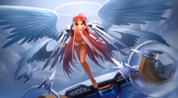 Anime picture 2500x1387 with sora no otoshimono ikaros zhuore zhi hen single looking at viewer highres breasts light erotic wide image large breasts green eyes ahoge very long hair barefoot bare belly midriff alternate hairstyle flying angel wings angel