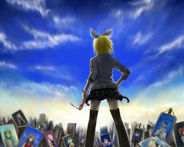 Anime picture 1280x1024 with vocaloid kagamine rin nise mono (artist) single short hair blonde hair sky cloud (clouds) from behind hand on hip back girl thighhighs skirt bow hair bow sunglasses