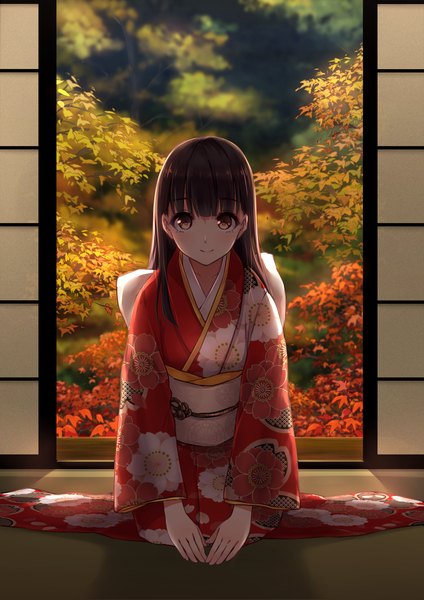 Anime picture 1240x1753 with original kamon (shinshin) single long hair tall image looking at viewer black hair smile brown eyes traditional clothes japanese clothes girl kimono