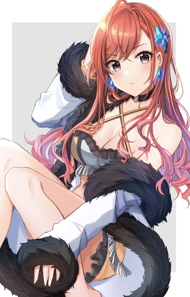 Anime picture 836x1302 with idolmaster idolmaster shiny colors arisugawa natsuha satoimo chika single long hair tall image looking at viewer blush fringe breasts open mouth light erotic simple background hair between eyes large breasts sitting brown eyes payot cleavage