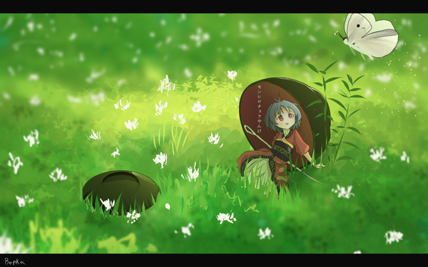 Anime picture 1920x1200 with touhou sukuna shinmyoumaru megami benka single highres short hair open mouth smile red eyes sitting signed blue hair looking away traditional clothes japanese clothes inscription letterboxed minigirl girl plant (plants)