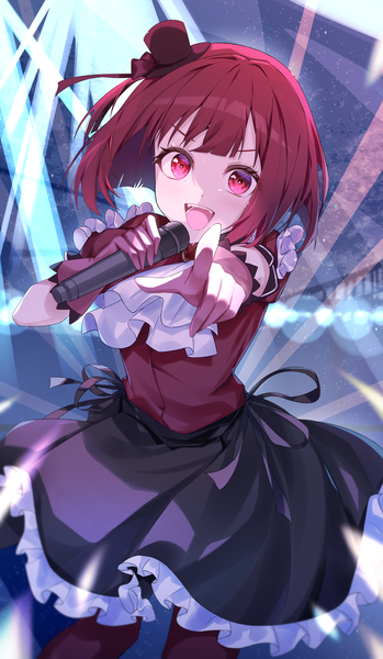 Anime picture 1496x2575 with oshi no ko arima kana pola (1021) single tall image looking at viewer short hair open mouth red eyes red hair :d pointing at viewer girl skirt gloves hat black skirt microphone mini hat mini top hat