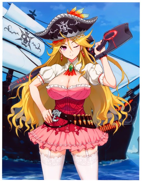 Anime picture 4188x5375 with nitroplus ookuma (nitroplus) long hair tall image highres breasts light erotic blonde hair large breasts absurdres cleavage one eye closed pink eyes fingernails wink puffy sleeves hand on hip pirate thighhighs hat