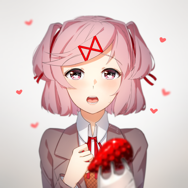 Anime picture 1684x1684 with doki doki literature club natsuki (doki doki literature club) sasoura single looking at viewer short hair open mouth simple background white background signed pink hair upper body pink eyes blurry two side up depth of field feeding girl uniform school uniform