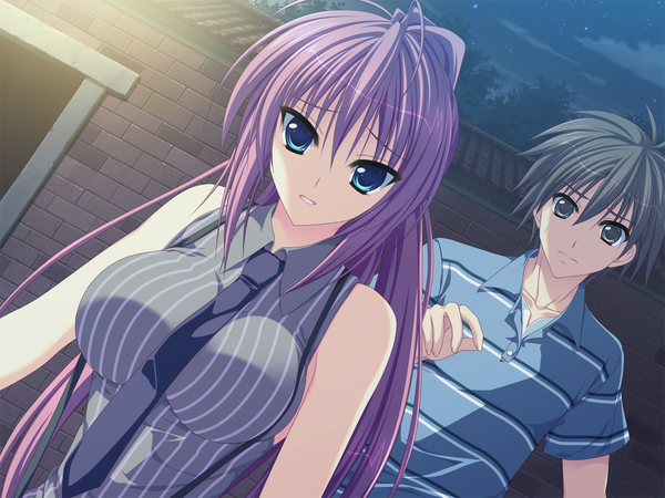 Anime picture 1280x960 with hoshizora e kakaru hashi doga kobo sakai hina long hair short hair blue eyes black hair bare shoulders pink hair game cg ponytail black eyes night night sky sleeveless couple girl boy plant (plants) tree (trees)